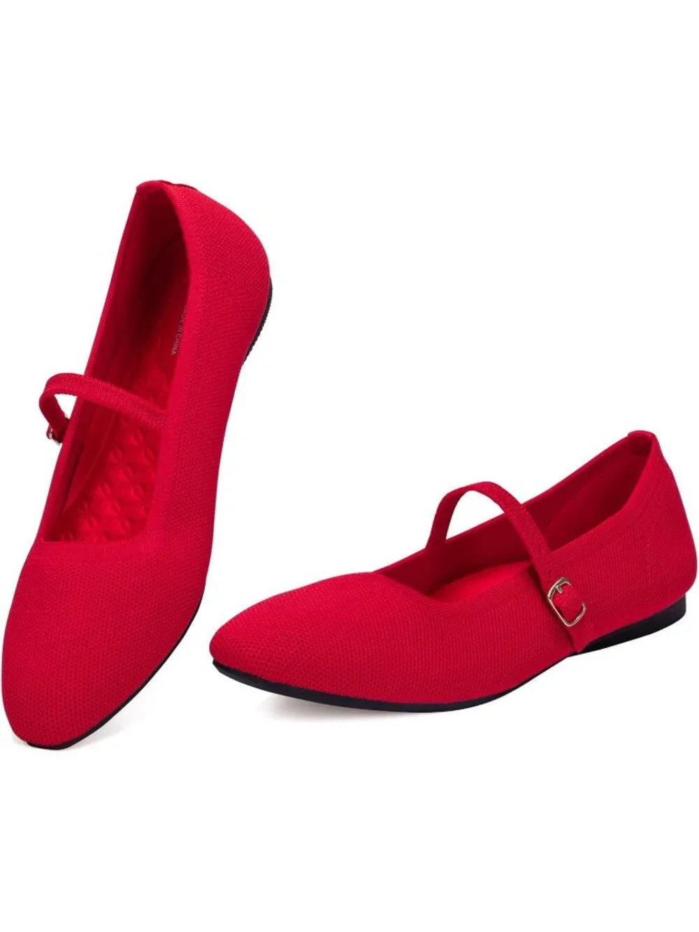 Women's Red Rubber Knit Square Toe Ballet Flats With Strap Comfortable Shoes